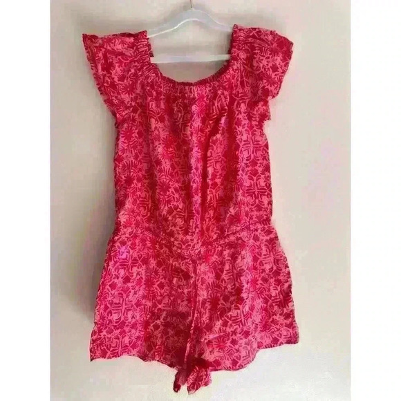 Vineyard Vines Boho Linen Pink Red Tile Otomi Romper Off the Shoulder Size Small - Picture 3 of 8